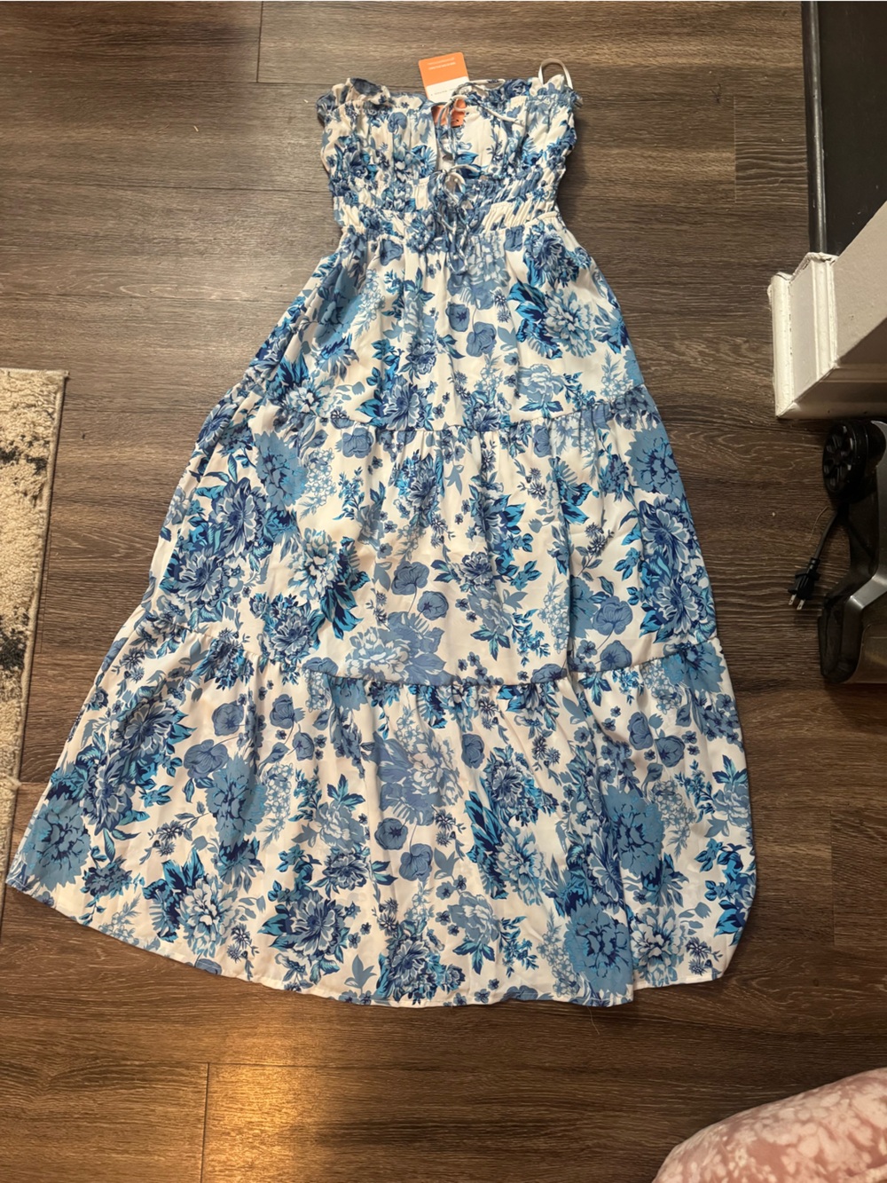 Blue Floral Maxi Dress - Smocked Bodice, Tiered Skirt